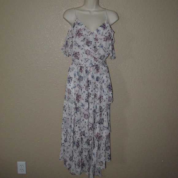 Sz XS Joie White Floral Spaghetti Strap Cold Shoulder Hi Lo Midi Dress - Picture 1 of 8